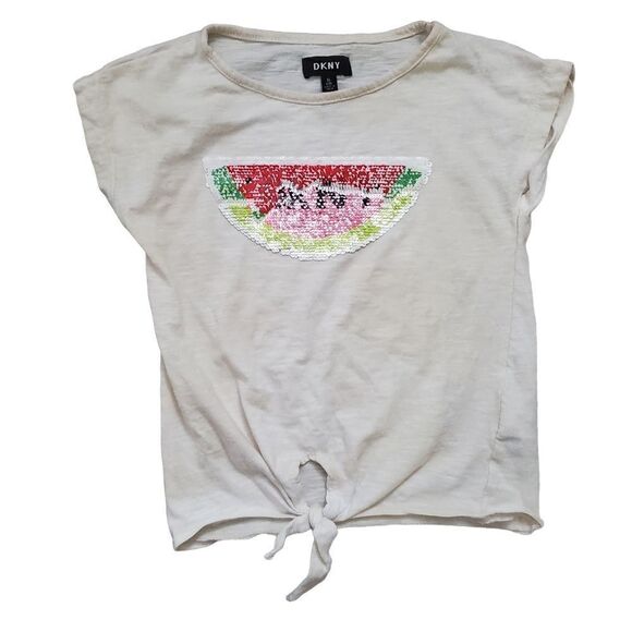 DKNY Girls White Front Knot Watermelon Flip Sequin Shirt - Size 7 - Picture 1 of 5